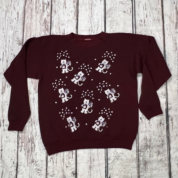 Vintage 1980s Cat and Flowers Cute Crazy Cat Lady 80s Crewneck Sweatshirt - Picture 1 of 4